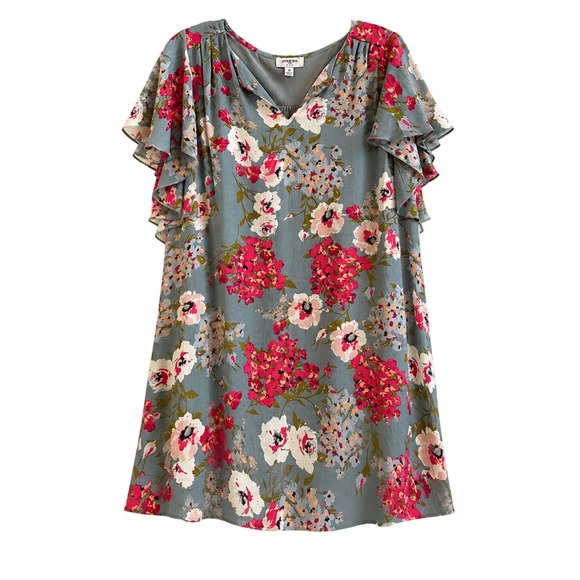 Umgee Dresses & Skirts - Umgee Blue Floral Flutter Sleeve V-Neck Mini Shift Dress Womens‎ Medium